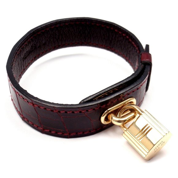 Very Rare! Authentic HERMES 18k Yellow Gold & Crocodile Burgundy Bracelet Box - Picture 6 of 12